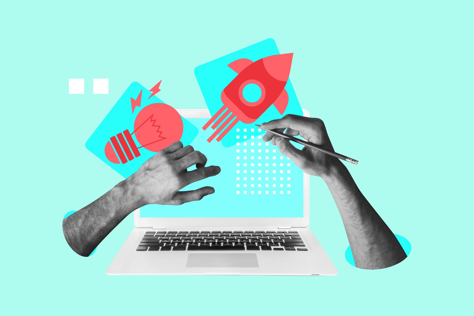 Composite trendy magazine photo collage of hands hold pencil laptop programming light bulb blackout rocket launch startup